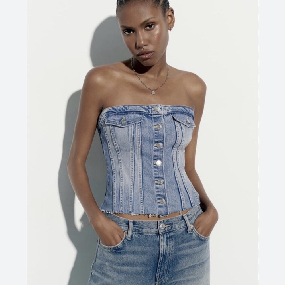 Sneak Peek Denim Corset Tube Top - Light blue strapless button down sz M